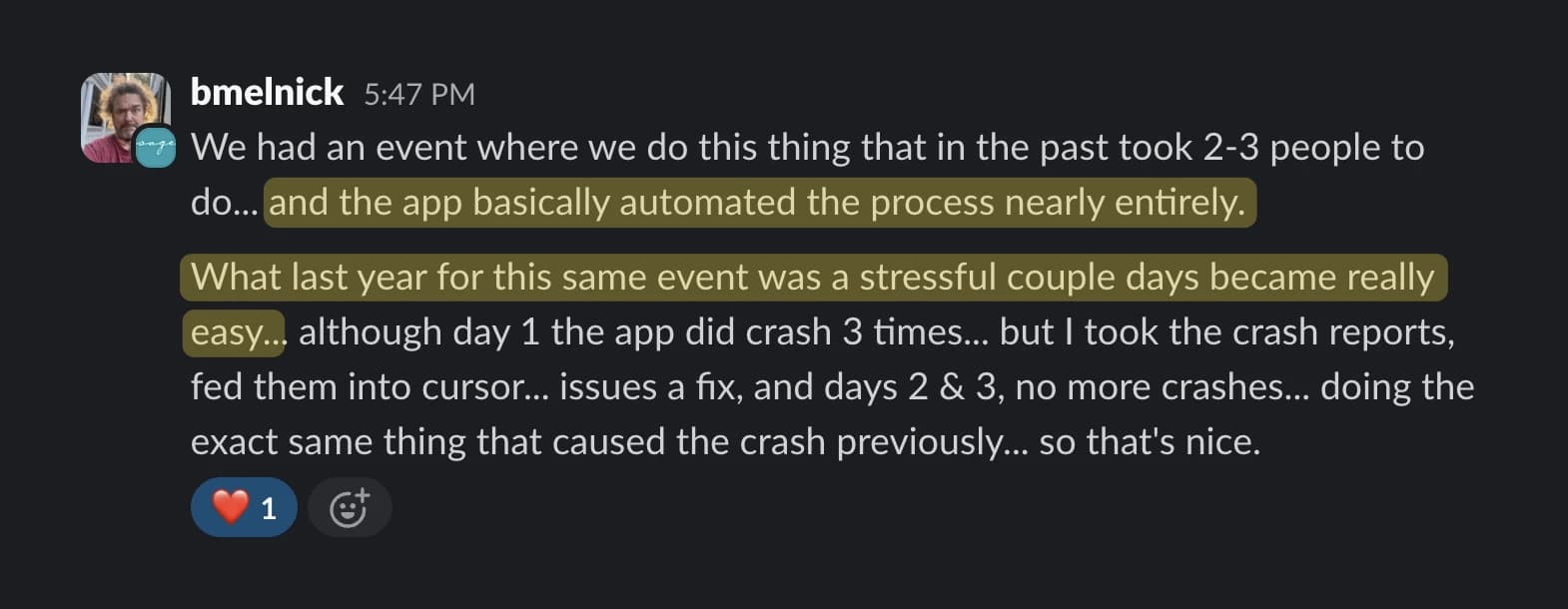 Slack message from Blue Melnick describing how his Zoom breakout automation became a game changer and reduced event staffing from five hires to three.